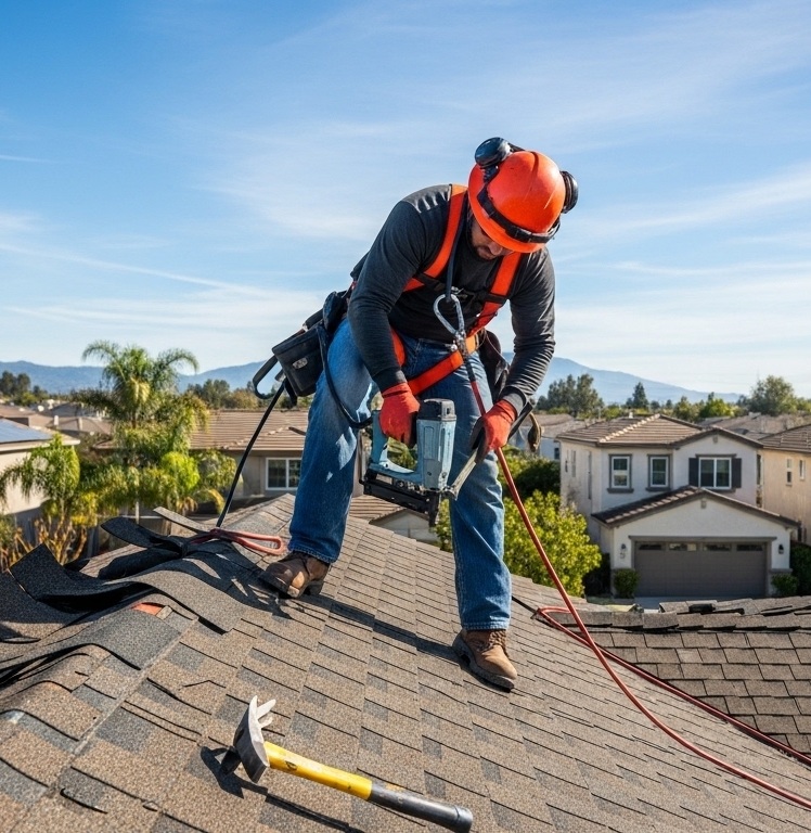 Roofer inspecting damaged shingles